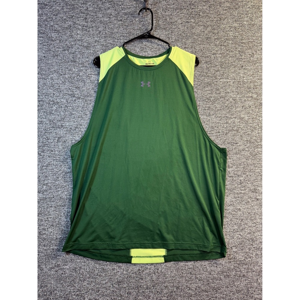 Under Armour Rush Mens 2XL Green Yellow Fitted Sleeveless Training Tank 1333411